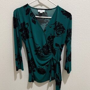 Catherine Malandrino Teal and Black Floral Wrap Blouse